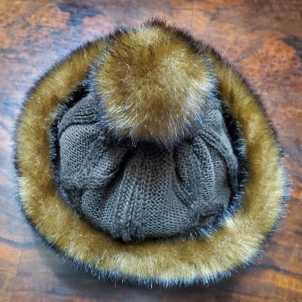 Vintage PARKHURST Brown Winter Ski Snow Knit COSSACK Hat Faux Mink Fur Pom-Pom